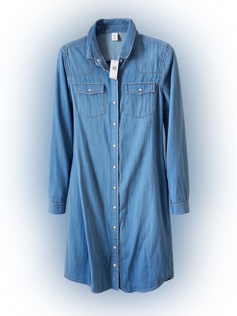 Old Navy Shirt Dress Women’s Medium Tall Blue Denim Pearl Snap Western Boho NWT